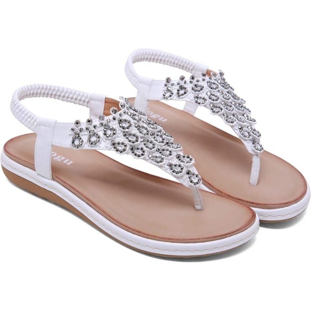 Women's White Rhinestone Thong Sandals – Size 10 Boho Flat Flip-Flops